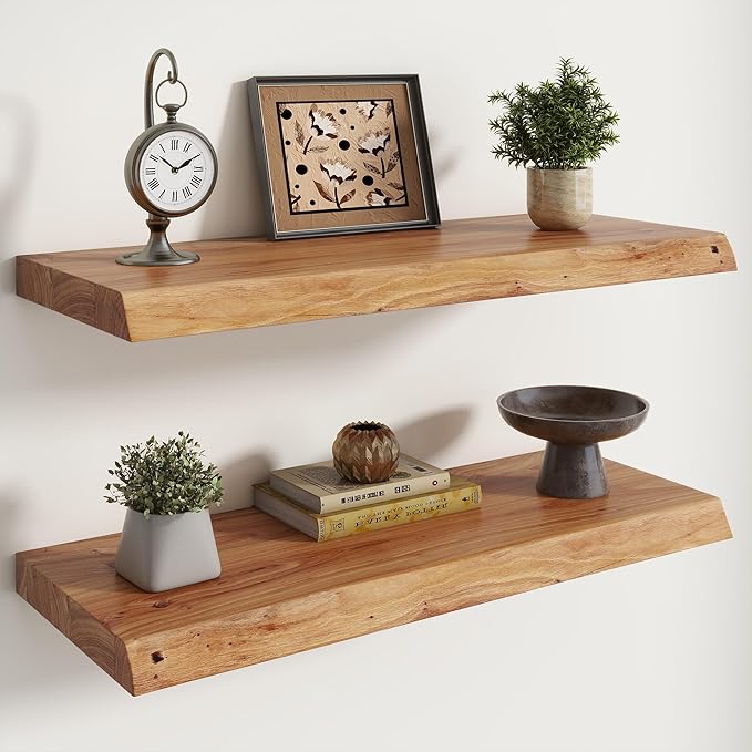 RICHFOCUS Live Edge Elm Floating Shelves - 30" W x 9.3" D Rustic Solid Wood Wall Shelves with Invisible Bracket, Wall-Mounted for Living Room, Bedroom, Kitchen Storage & Display, Set of 2, Natural