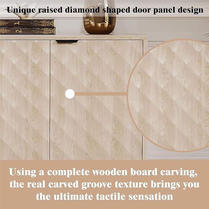 62'' Diamond Flute Sideboard Buffet Cabinet, Diamond Shaped Relief Storage Cabinet with Adjustable Shelves, Accent for Living Room, Entryway,Hallway (Cream Yellow Wood Grain)