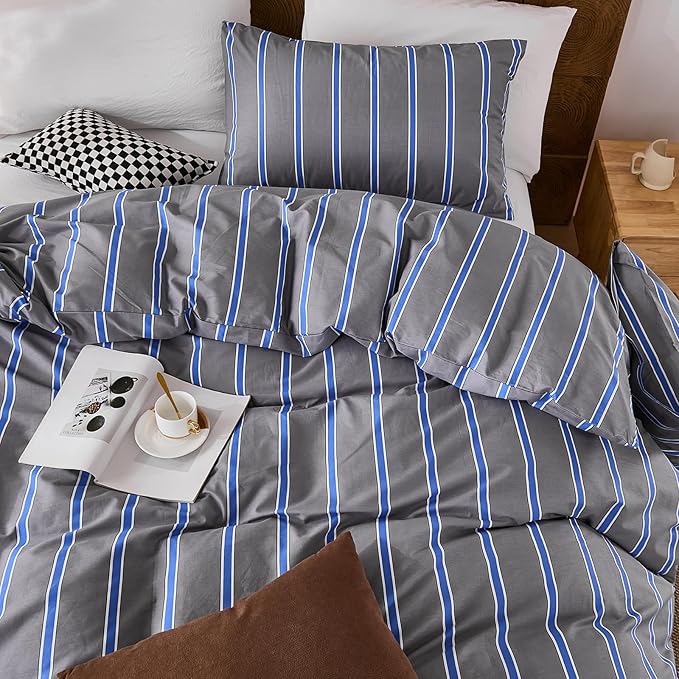 Merryword Blue and Gray Striped Duvet Cover Set King Size 100% Cotton Bedding Set with Modern Coastal Style Soft Breathable Linen Like Bedding Set 3 Pieces