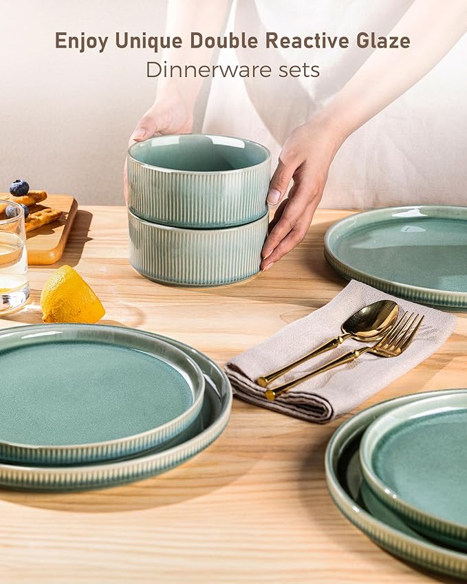 GBHOME 12-Piece Stoneware Dinnerware Set for 4 – Ribbed Ceramic Plates and Bowls, Scratch-Resistant, Microwave & Dishwasher Safe, Reactive Glaze, Malachite Green