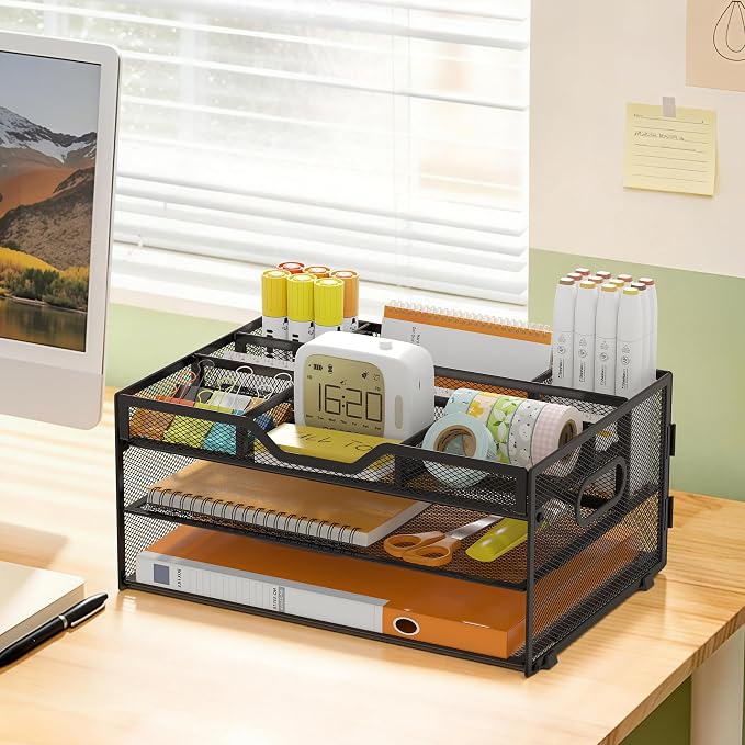 3-Tier Letter Paper Tray Desk Organizer, Black Desktop File Rack Holder with 3 Drop in Pencil Holder and Sliding Tray for Office Classroom and Home Supplies Organization Storage