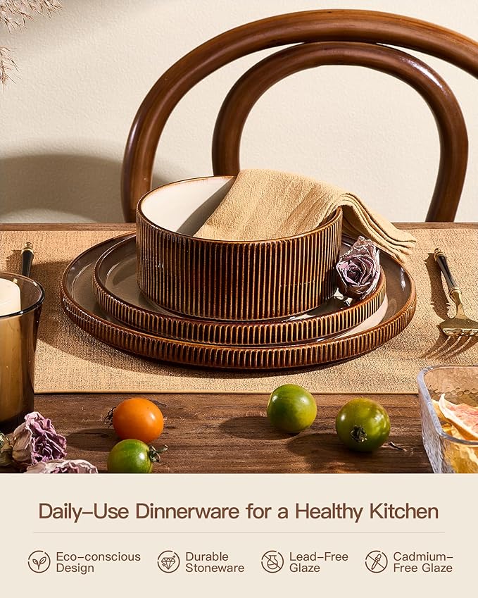 Stoneware Plates and Bowls Dishes Sets Service for 6 (18-Piece), Famiware Premium Handcrafted Reactive Glaze Dinnerware Set with Raised Rim, Scratch Resistant, Microwave Dishwasher Safe, Cream Cocoa