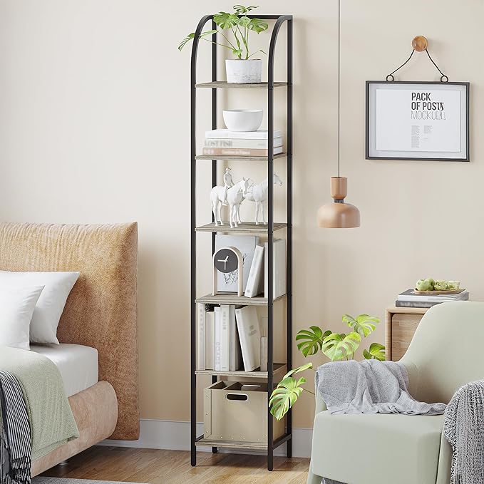 Hzuaneri Bookshelf Bookcase Narrow Bookcase Shelf Organizer with Steel Frame for Study Living Room Bedroom Kitchen Home Office Industrial Bookshelf 6-Tier Greige BC56005B