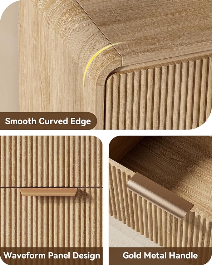 Fluted 6 Drawer Dresser, 47” Wide Wooden Storage Chest with Rounded Curved Corners and Gold Handles, Natural Oak Wood Dresser for Bedroom, Living Room, Hallway
