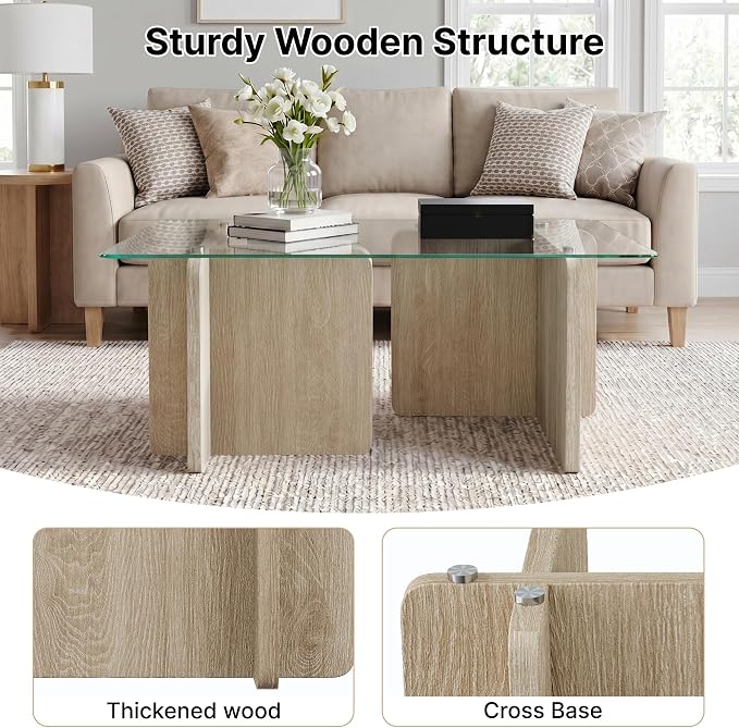 Modern Glass Coffee Table, 39.4 Inches Rectangular Center Tables for Living Room, Coffee Table with Wood Cross Base Easy Assembly Oak