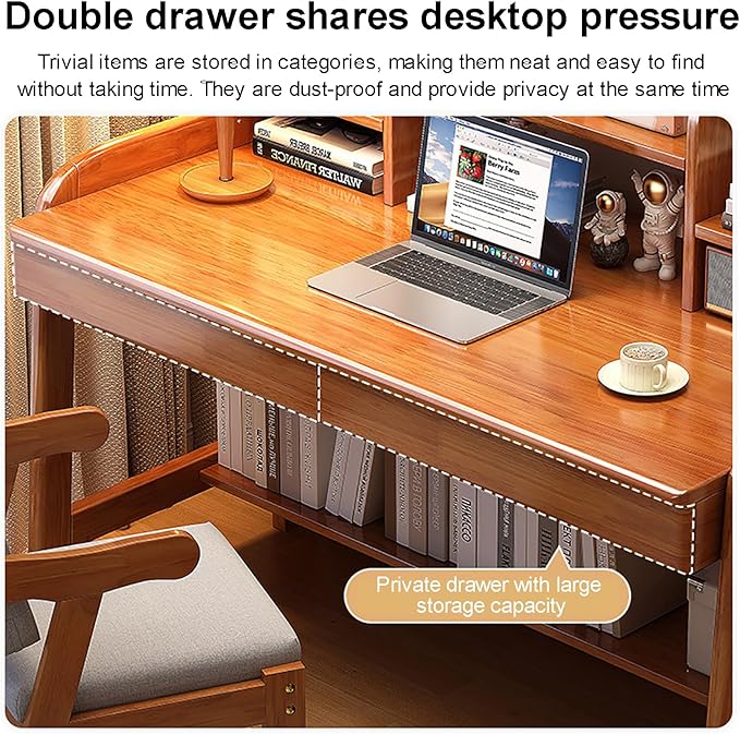 Solid Wood Writing Desk, Mid-Century Modern Computer Desk with Hutch and 2 Drawers, Simple Study Table for Home Office Workstation with Open Storage Shelf
