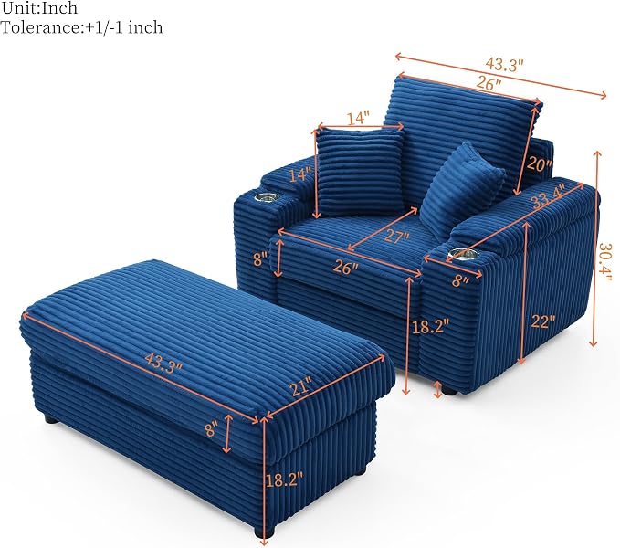 Eafurn 43.3" Oversized Accent Chair with Storage Ottoman Convertible Chaise Lounge, Corduroy Cloud Sofa Chair w/Cupholders, Modern Extra Wide Armchair