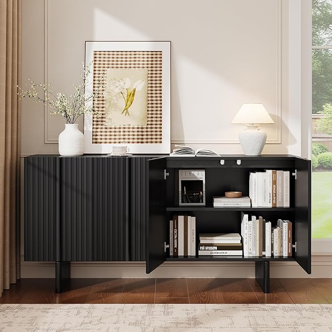 ONBRILL 63" Fluted Sideboard Buffet Cabinet with Storage, Large Sideboard Cabinet with Adjustable Shelves, Modern Credenza with 4 Doors, Kitchen Cabinets for Living Room, Entryway (Black)