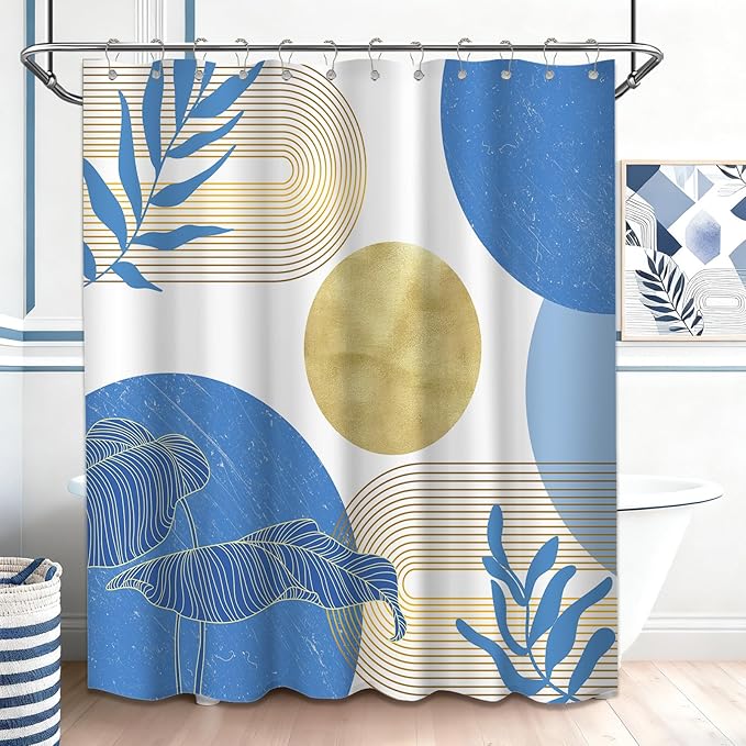 Light Blue and Gold Shower Curtain Boho Blue and White Shower Curtains for Bathroom Decor Mid Century Modern Bath Curtain Set, Waterproof Fabric with Hooks 70 x 72 Inch