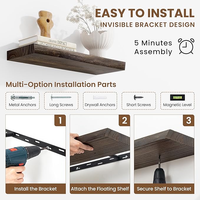 Extra Deep 72" Long Live Edge Rustic Floating Shelves for Wall, Solid Wood Wall Shelves with Invisible Bracket Mount for Living Room Bathroom Bedroom Kitchen, Set of 1, Natural