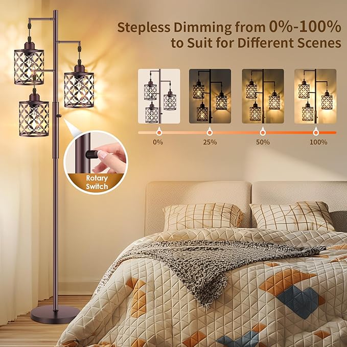 Dimmable Floor Lamp, Farmhouse Standing Lamp with Elegant Metal Cage, Industrial Tall Tree Floor Lamps for Living Room, Bedroom, Study Room, Office, 2000LM LED Bulbs Included - 68", Brown