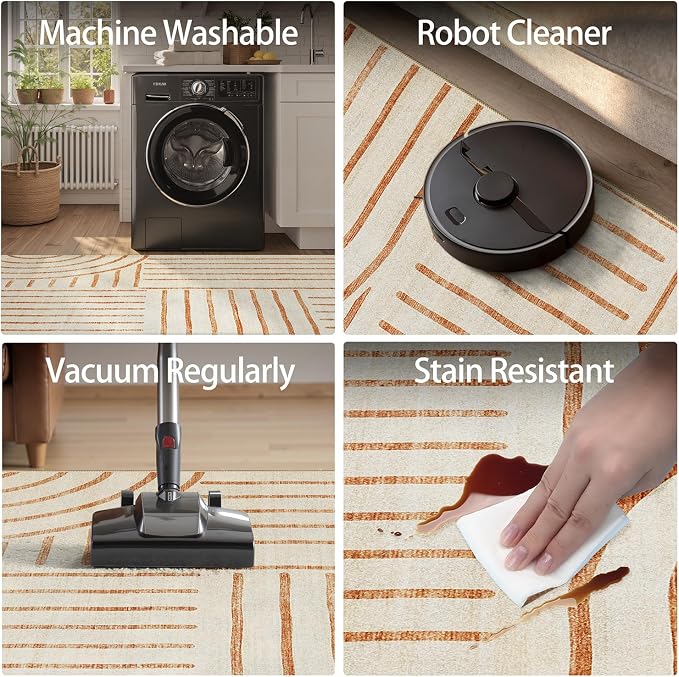 DCX Abstract Machine Washable 5x7 Rug, Orange Modern Accent Rug for Living Room, Soft Low Pile Non Slip Carpet, Kid & Pet Friendly Stain Resistant Rug for Bedroom Dining Room Office
