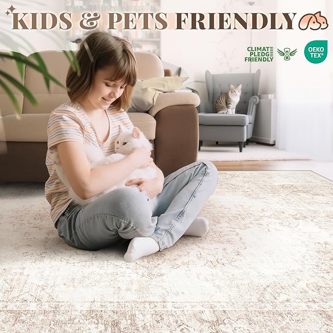 Area Rug 9x12 Vintage Rug: Large Washable Indoor Medallion Rugs Low Pile Distressed Floor Carpet Retro Accent Rug for Living Room Bedroom Kitchen Dining Table Home Office(Retro Beige, 9'x12')