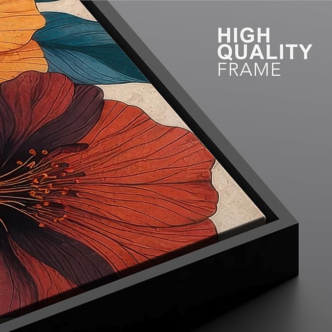 Woodrose Framed Canvas Print Wall Art Vibrant Hibiscus Floral Botanical Illustrations Modern Art Minimalist 3D Colorful Ultra for Living Room, Bedroom, Office - 16"x24" BLACK