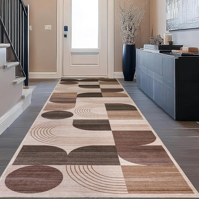 Machine Washable 2.7x10 Runner Rug, Soft Modern Geometric Abstract Brown Rugs for Bedroom Living Room, Non-Shedding Faux Wool Indoor Throw Floor Carpet for Office Entryway Dining Room Decor