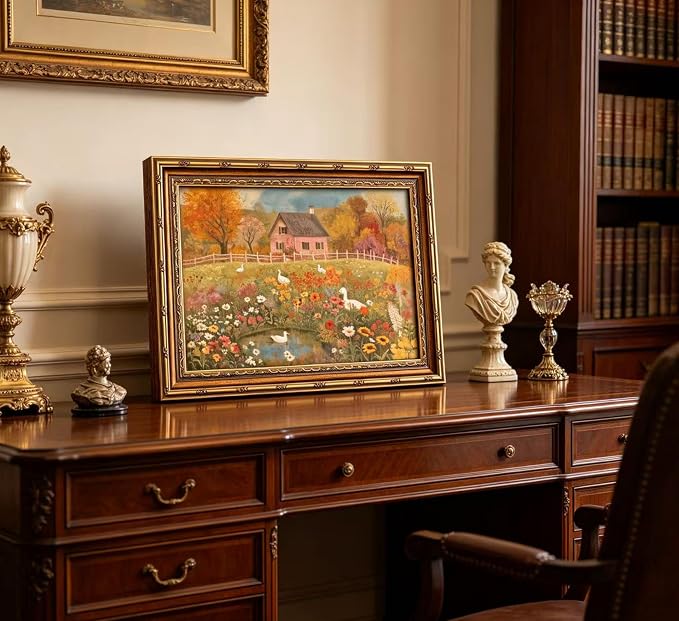 Vintage Gold Framed Autumn Country Cottage with Ducks Wall Art, Rustic Farmhouse Flower Garden Canvas Prints, Retro Fall Farm Scene Painting Poster Artwork for Living Room Kitchen Wall Decor,9x11in