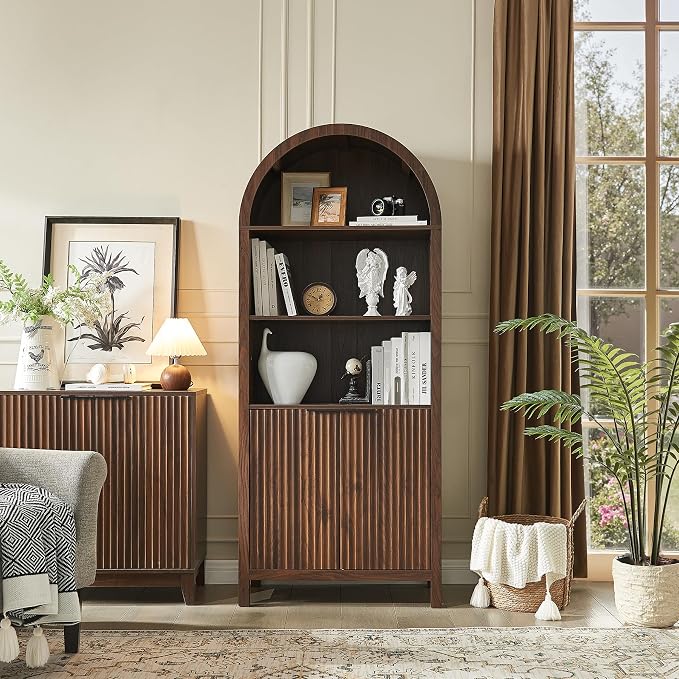 Arched Cabinet Bookshelf Bookcase - 71” Tall Mid Century Arched Display Cabinets, Rounded Bookshelf with Fluted Doors, Open Shelf Storage Cabinet for Dining Room (Walnut)