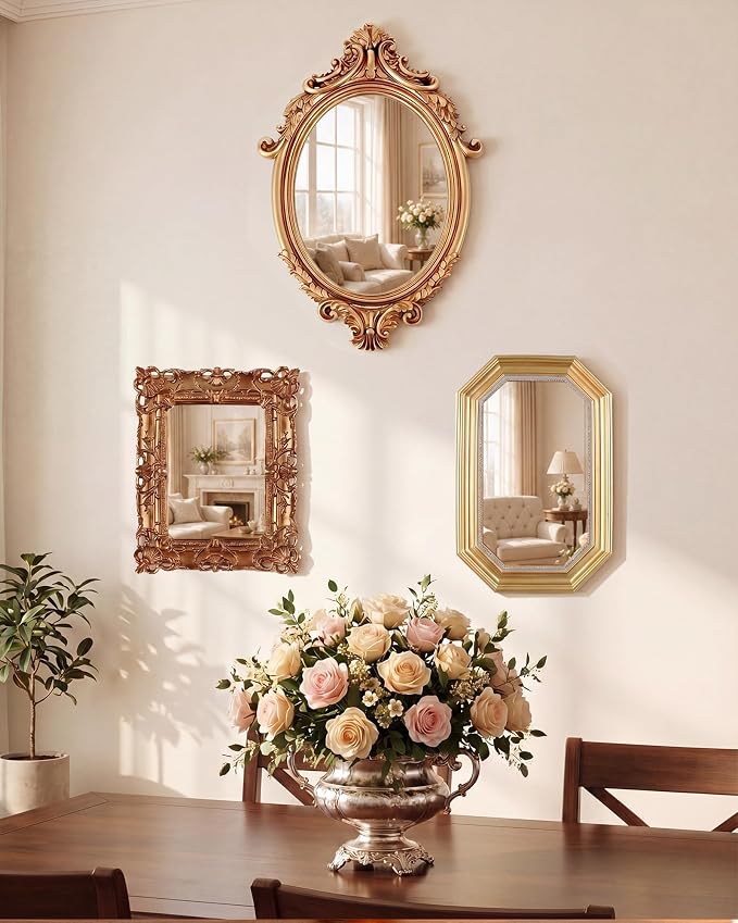 Wonderjune 3 Pcs Vintage Gold Mirror Set Wall Decorative, 8-15in Vintage Wall Mirror Hanging Antique Hanging with Stand for Living Room Home Wedding Decor(Court Baroque Style, 15in/11in/10in)