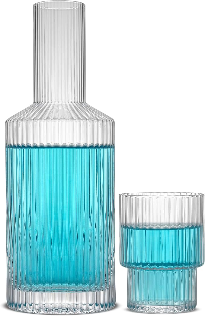JoyJolt Bedside Water Carafe and Glass Set. Elle Fluted Glass Carafe and Ribbed Glassware. Vintage Nightstand Water, Mouthwash Decanter for Bathroom or Ribbed Vase. Mid Century Modern Glassware