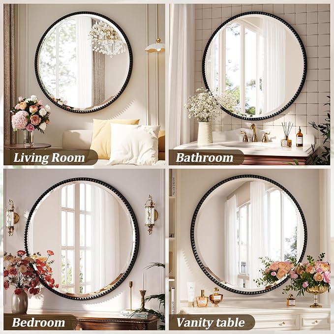 28 Inch Round Bathroom Mirror - Luxurious Retro Beaded Circle Decorative Wall Mirror with PU Frame Hanging Leaning as Art Decor for Entryway, Bedroom, Living Room, Hallway, Black