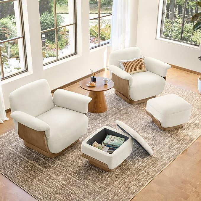 CHITA Fabric Reclining Swivel Chair with Storage Ottoman, Modern Living Room Accent Chair with Lounge Seat for Bedroom, Office, Cream