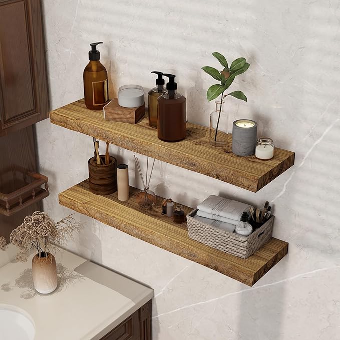 Rustic Floating Shelves for Home Decor, 32 Inch Long Wall Shelves Set of 2, Solid Elm Wood Live Edge Floating Shelf for Wall, 8 Inch Deep Bookshelf for Storage, 32 x 8 Bathroom Shelf, Natural Color