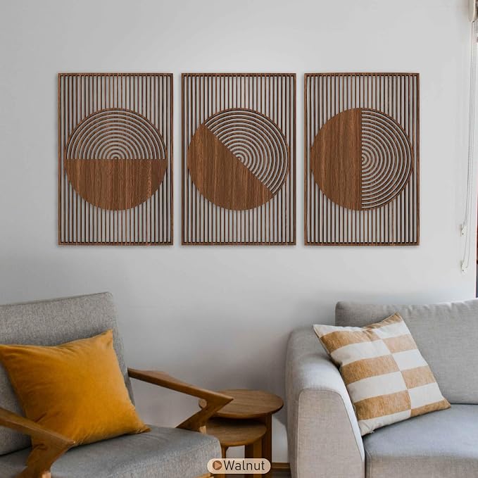 Living Room Wall Art featuring Boho Wood Wall Decor, Mid Century Modern Geometric Circle Wooden Wall Art, Set of 3 Decorative Wall Panels Gift for Bedroom