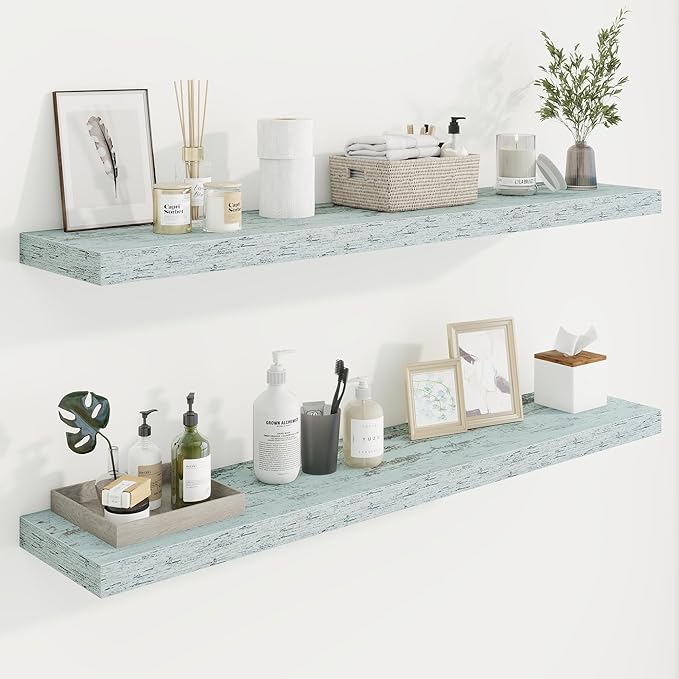 48in Floating Shelves for Wall, 48"W x 9.25"D x 1.25"H, 2 Pack Long Wall Mounted Engineered Wood Shelves with Invisible Brackets for Living Room, Bedroom, Bathroom, Kitchen Decor and Storage, Blue