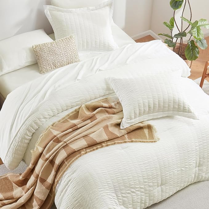CozyLux Full Size Comforter Sets Ivory, 7 Pieces Seersucker Textured Luxury Bed in a Bag, All Seasons Soft Bedding Sets with Down Alternative Comforter, Sheets, Pillowcases & Shams, Home Gift