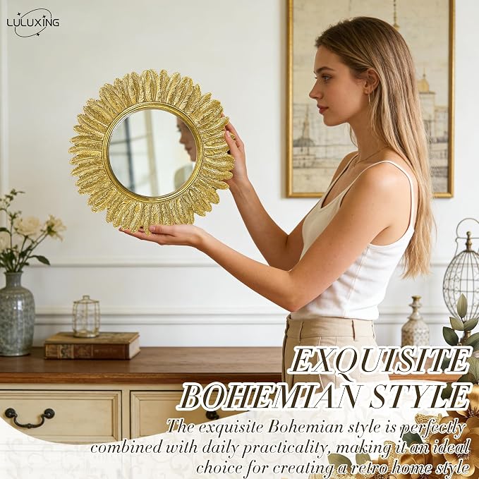 Pack of 1 Gold Round Wall Mirror 12 inch - Small Feather Decorative Wall Mirror,Vintage Sunburst Boho Wall Decor Mirror for Bedroom,Living Room,Entryway,Hallway,Dressing Table