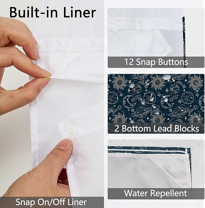 Navy Blue No Hook Shower Curtain with Snap in Liner Set - Galaxy Universe with Sun, Moon and Stars, Waterproof Fabric Double Layers for Kids Bathroom, See Through Top Window, 71x74 Inch
