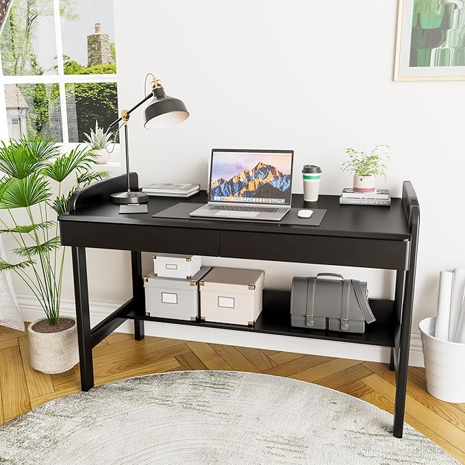 100% Solid Wood Desk with Drawers - 40 Inch Simple Modern Desks, Writing Desk with Drawers & Shelf, Work Study Table, Adjustable Height Home Office Computer Desks - Black