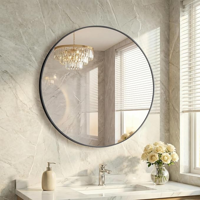 28 Inch Black Round Bathroom Wall Mirror, Round Mirrors for Wall Decor, Circle Mirror for with HD Shatter-Proof Glass for Entryway, Living Room, Bedroom, Dressing Room, Home Decor