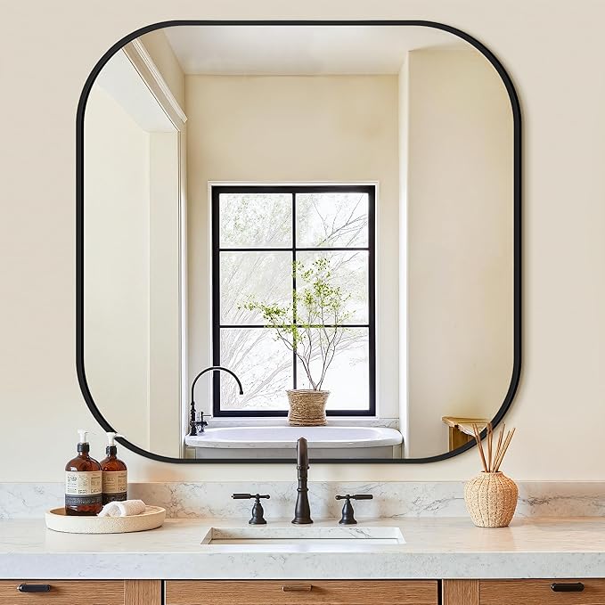 Bathroom Mirror for Wall, Black Bathroom Vanity Mirror for Over Sink 35 x 35, HD Reflection Shatterproof Square Mirror for Living Room Bedroom Entryway, Metal Frame