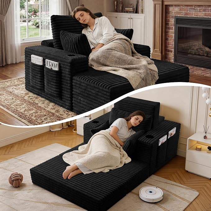 85" Oversized Chaise Lounge Chair Convertible 2-in-1 Boneless Sleeper Couch Bed Indoor Comfy Cloud Corduroy Reading Armchair sofa with Storage Pockets&Cup Holders for Bedroom,Living Room,Black