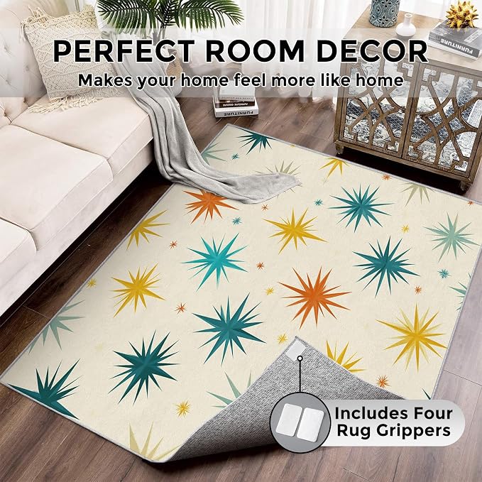 Mid Century Modern Rugs for Living Room Decor, 5x6 ft, Retro Starburst Atomic Area Rugs for Bedroom, Soft Non Slip Washable Geometric Sunburst Carpet Home Decorations D-g48