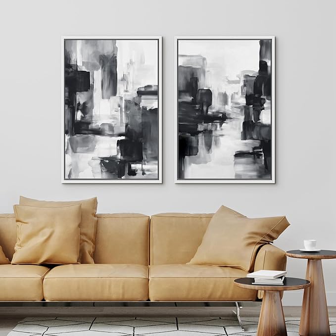 IDEA4WALL Framed Canvas Print Wall Art Set Black and White Urban Abstract Bold Monochrome Brushstroke Illustrations Modern Art Decorative Calm/Zen for Living Room, Bedroom, Office - 16"x24"x2 White