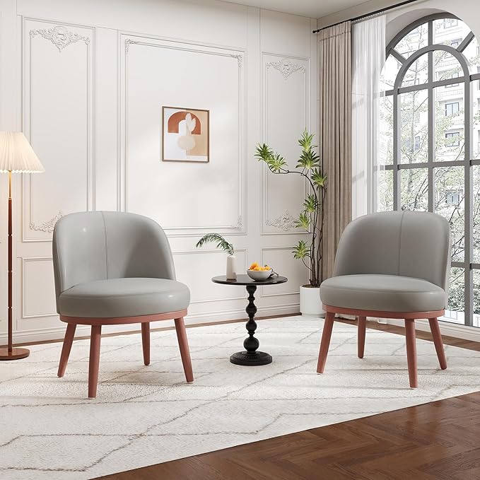 Accent Chair Mid-Century Modern Chair PU Leather Upholstered Armless Chair Set of 2, Suitable for Living Room, Bedroom, Balcony,Light Gray