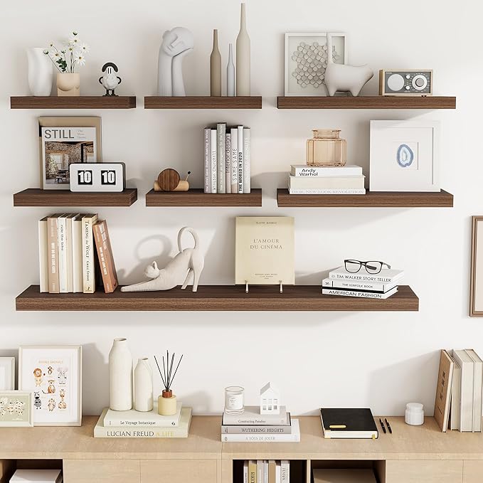 72 Inch Floating Shelves, 3D Textured Wood Grain, 72"x9.25"x1.5" Inch Deep Floating Shelves for Wall, Wooden Shelves for Bathroom, Bedroom, Living Room, Walnut, 1 Piece