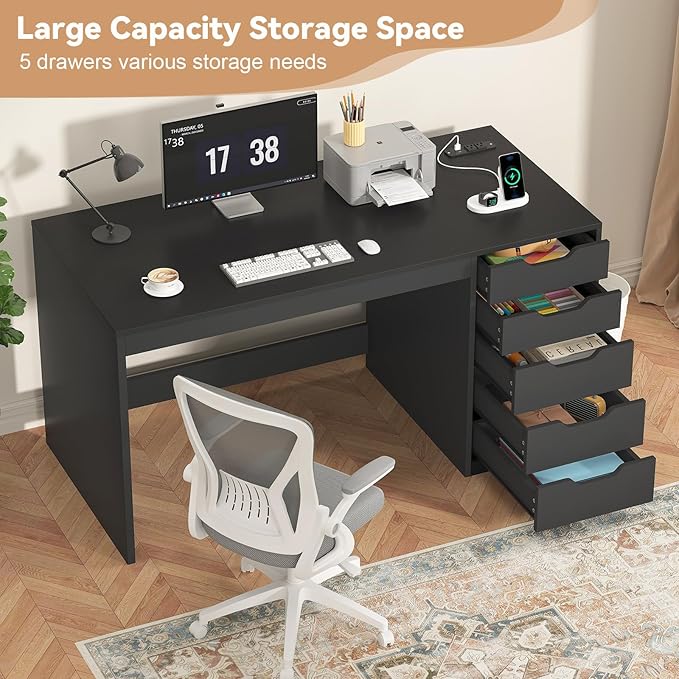 YOMILUVE 47 Inch Computer Desk with 5 Drawers and Power Outlets, Home Office Desks with Storage File Cabinet, Modern Simple Laptop Desk Writing Table for Small Spaces, Black
