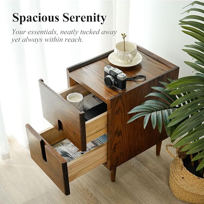 Narrow Nightstand, Mid Century Modern Nightstand, Solid Wood Bedside Table, Side Table witn Drawers (Walnut, 11.81inches)
