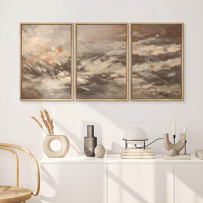 SIGNWIN Framed Canvas Print Wall Art Set Warm Earth Tone Brushstroke Abstract Illustrations Modern Art Decorative Boho Relax/Zen Nordic for Living Room, Bedroom, Office - 16"x24"x3 Natural