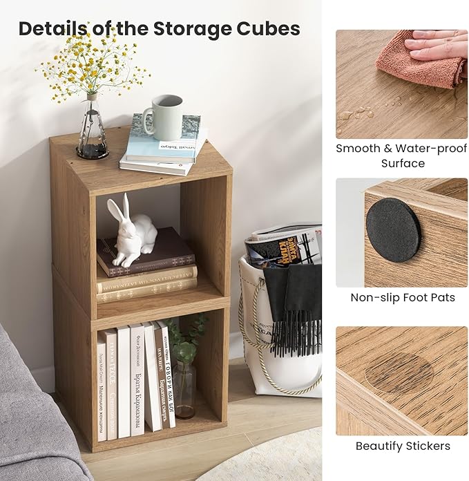 Giantex 4 Cube Bookshelf Organizer, 2-Tier Stackable Cube Storage Organizer, Small Wooden Open Book Shelf with Anti-toppling Device, Wood Floor Standing Display Shelving Bookcase, Natural
