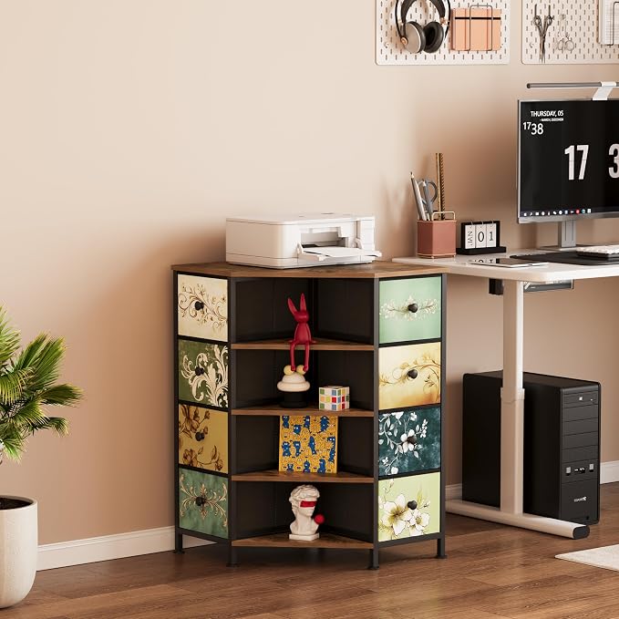 LUMTOK 8 Drawers Corner Dresser with Storage Fabric Drawers and Open Shelves for Small Space，Bedroom，Entryway，Living Room (Retro Pattern)