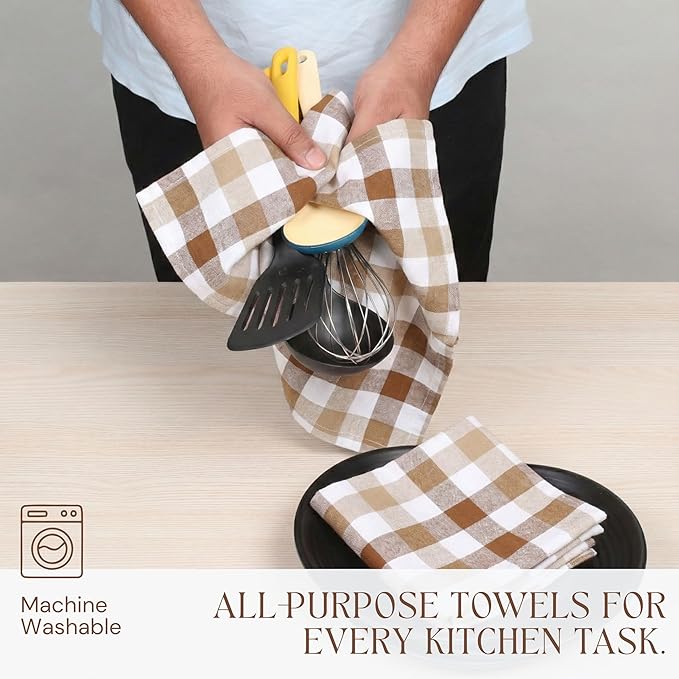 Checked Dish Towels 12 Pack, 18x26 Inches, Quick Dry Towels for Kitchen, Durable, Reusable, Absorbent Wash Cloths Set, Washable Fabric, Heavy Duty for Daily Use - Brown, Beige, White