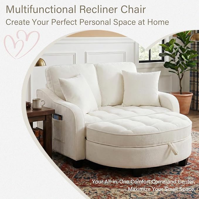 Round Chaise Lounge Chair with Storage Ottoman, Oversized Bubble Chair and a Half Featuring Adjustable Backrest, Plush Reading Accent Chair and Ottoman Set for Bedroom, Light Beige