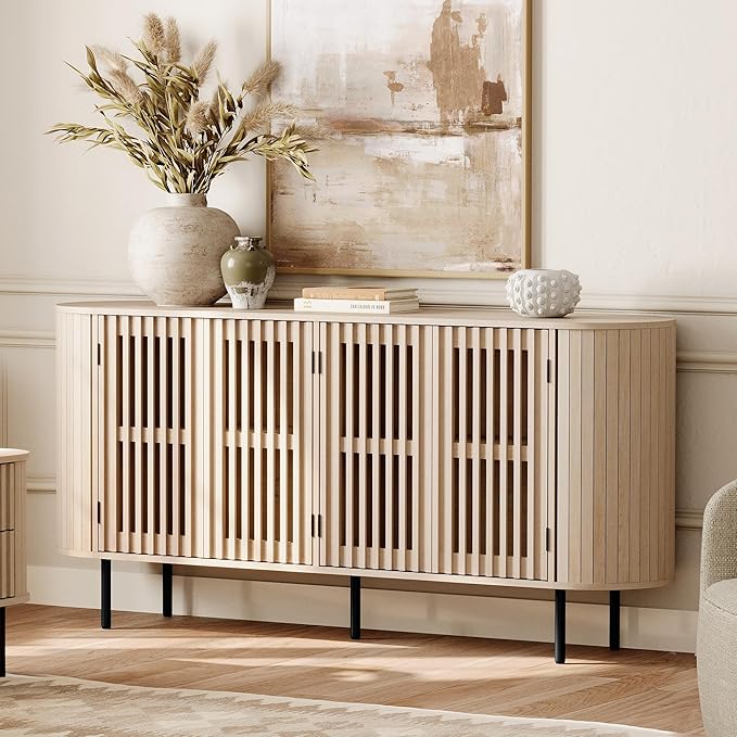 WAMPAT Sideboard Buffet Cabinet with 4 Fluted Doors, 64" Wood Accent Storage Cabinet with Curved Design, Mid-Centery Modern Credenza for Dining Room, Kitchen, Hallway, Natural