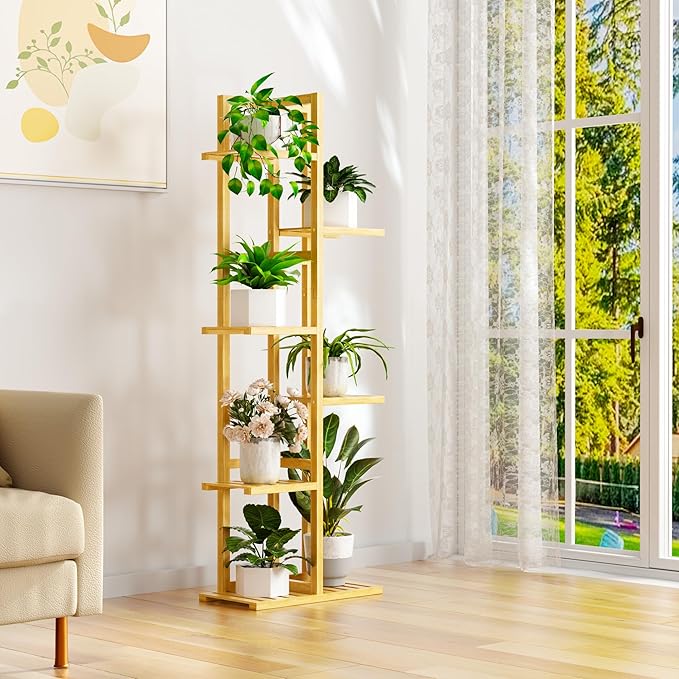 ROMGUAR CRAFT 6 Tier Bamboo Plant Stand Indoor, Wood Tall Flower Holder Corner Tiered Plant Shelf for Multiple Plants (Natural)