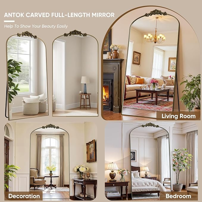 Antok Arched Full Length Mirror, 82"x44" Floor Mirror with Carved, Full Body Mirrors for HomeDecor, Standing/Halling Large Wall Mirror for Bedroom, Living Room, Cloakroom, Bronze, Retro Style