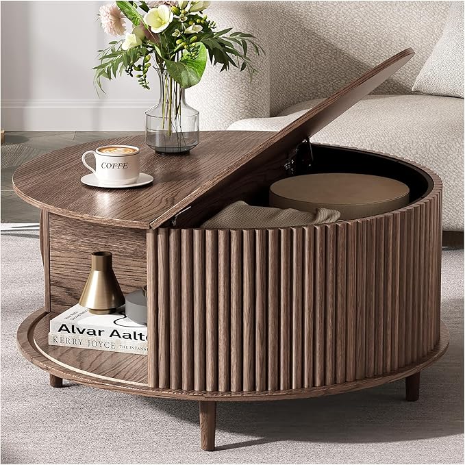 Round Coffee Table with Storage, 31.5" Fluted Center Table for Living Room, Modern Walnut Wood Circle Drum Table with Sliding Cabinet Door, Mid Century Furniture for Small Space